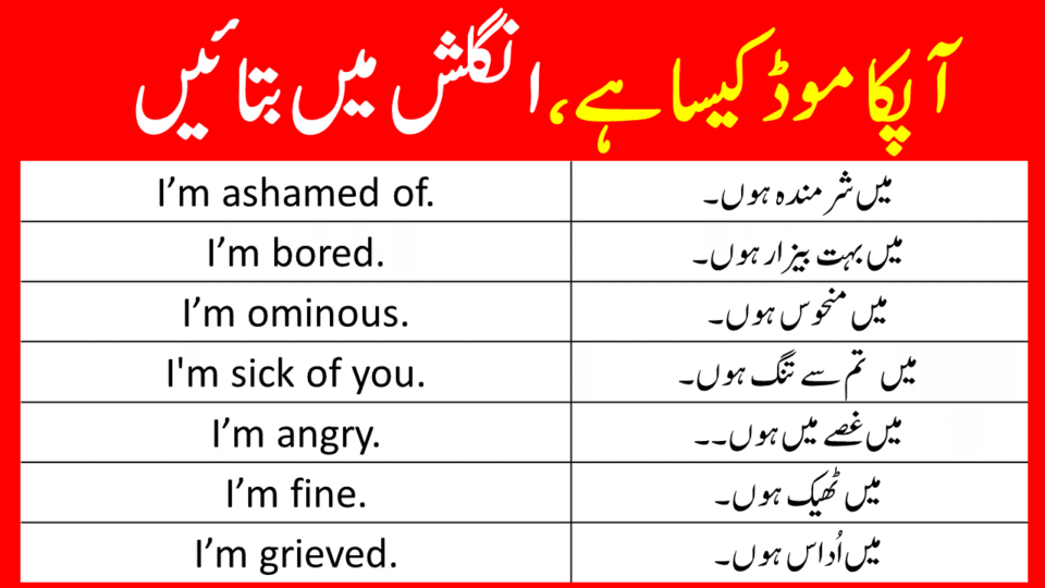 Daily Used English Sentences to Describe Mood and Feeling in Urdu