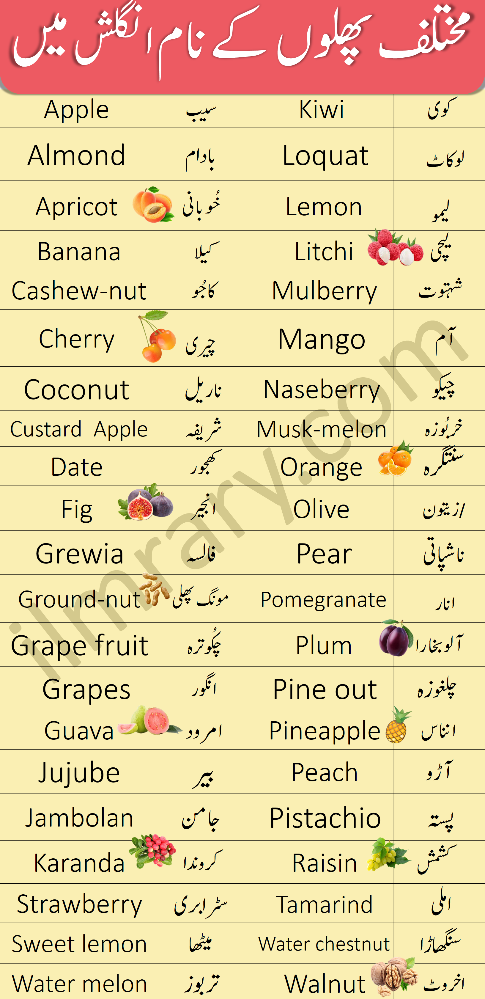 Fruits Names Vocabulary In English With Urdu Meanings Ilmrary