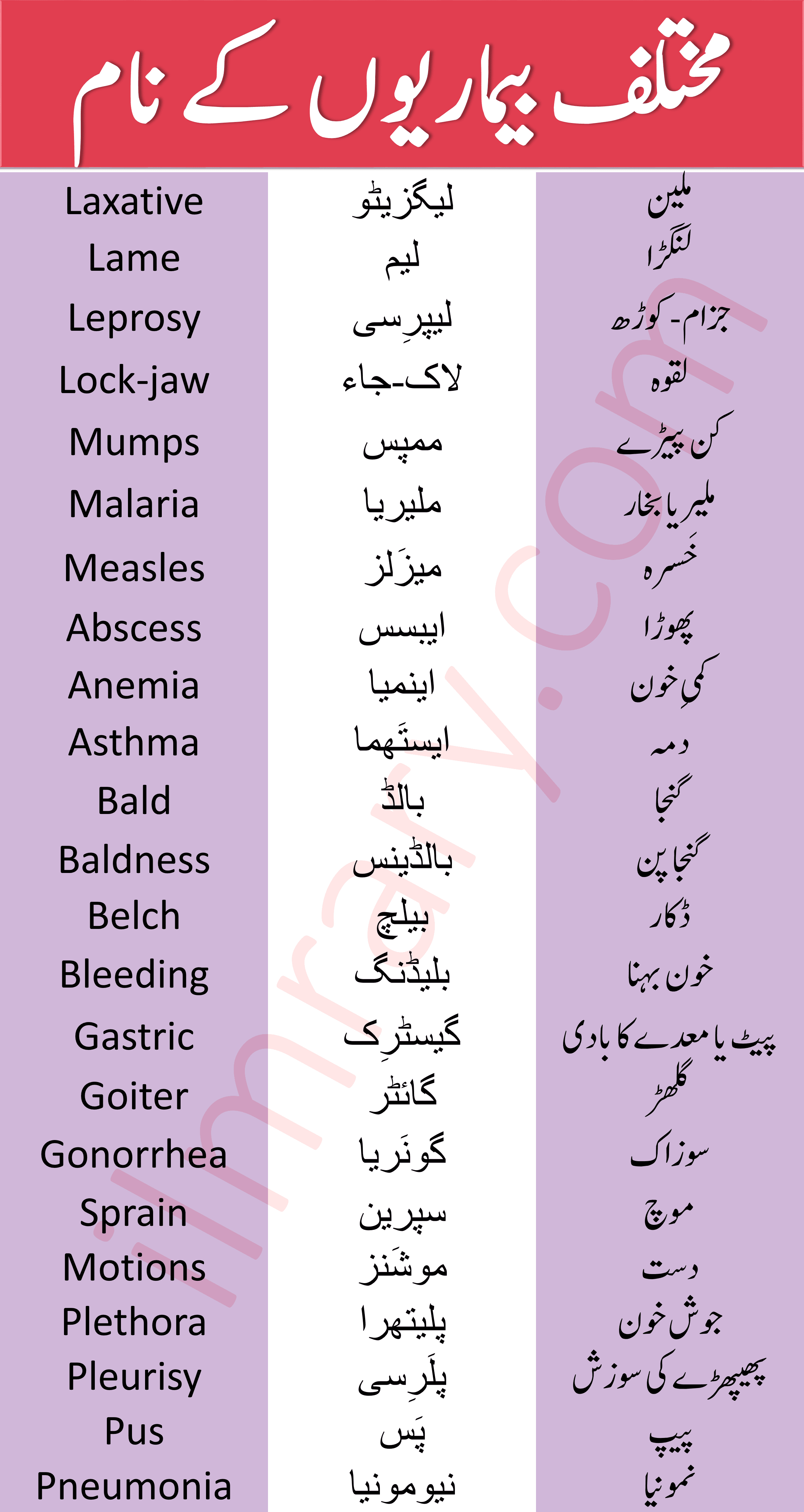 Diseases Names Vocabulary in English with Urdu Meanings