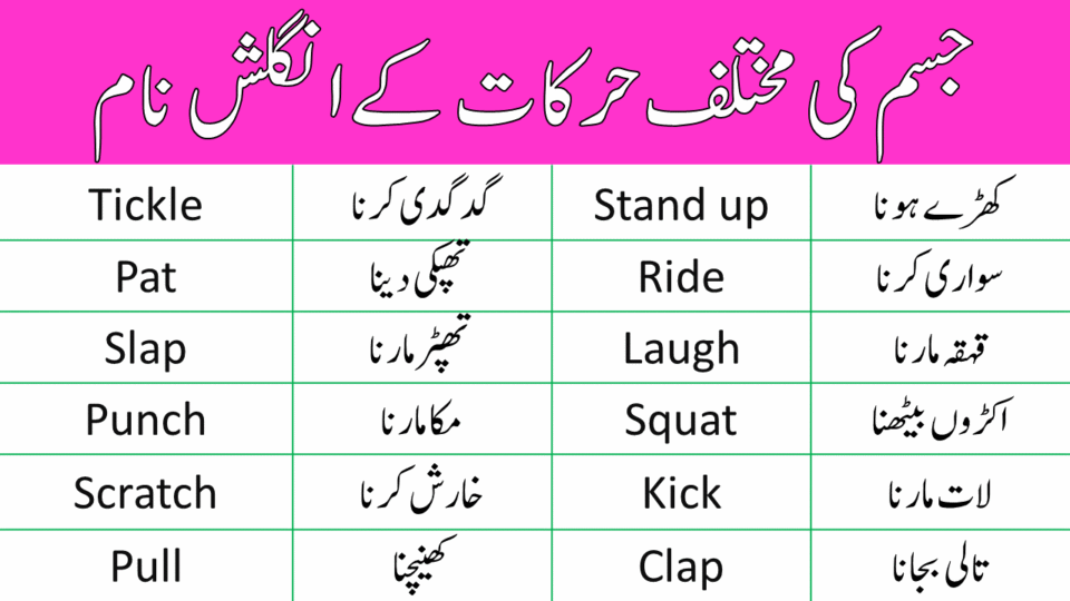 English Vocabulary for Body Movements with Urdu Meanings
