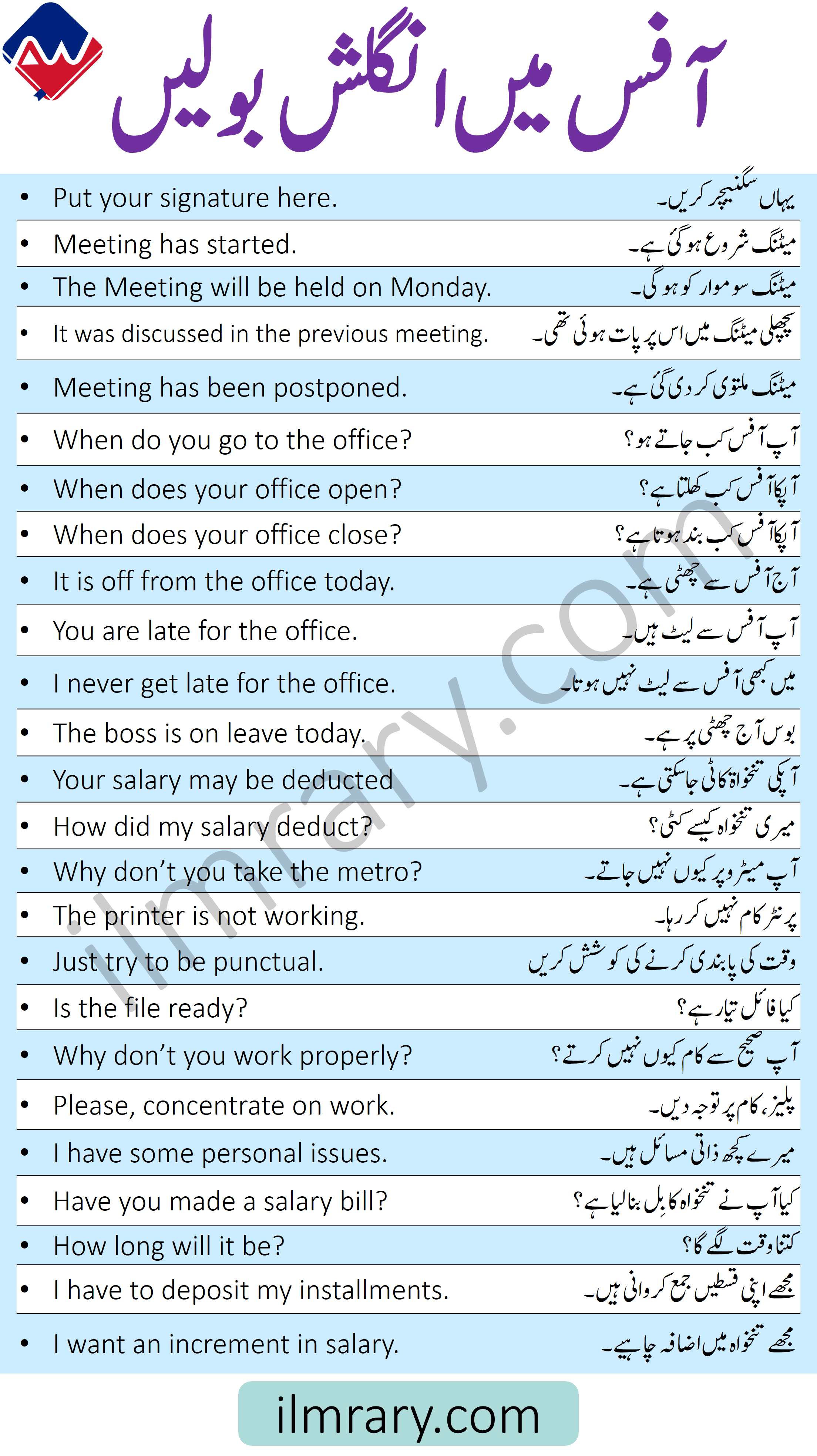 50 Office Sentences with Urdu Translation for Daily Use