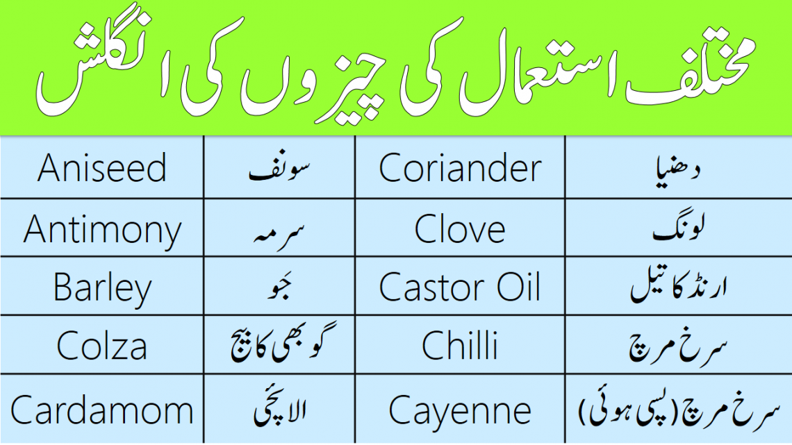 Vocabulary for Corns, Spices and Oil in English with Urdu Meanings