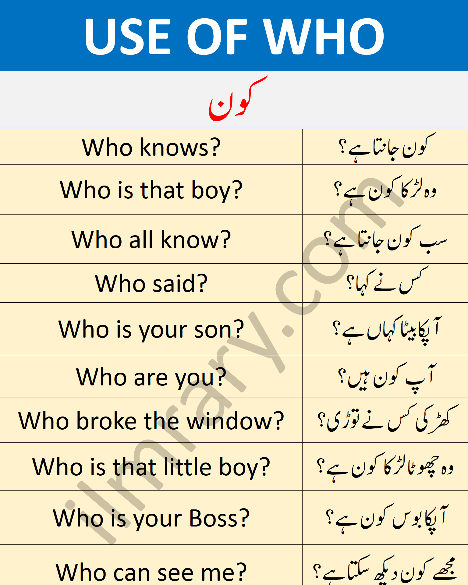 Who WH Question Word with Examples in Urdu