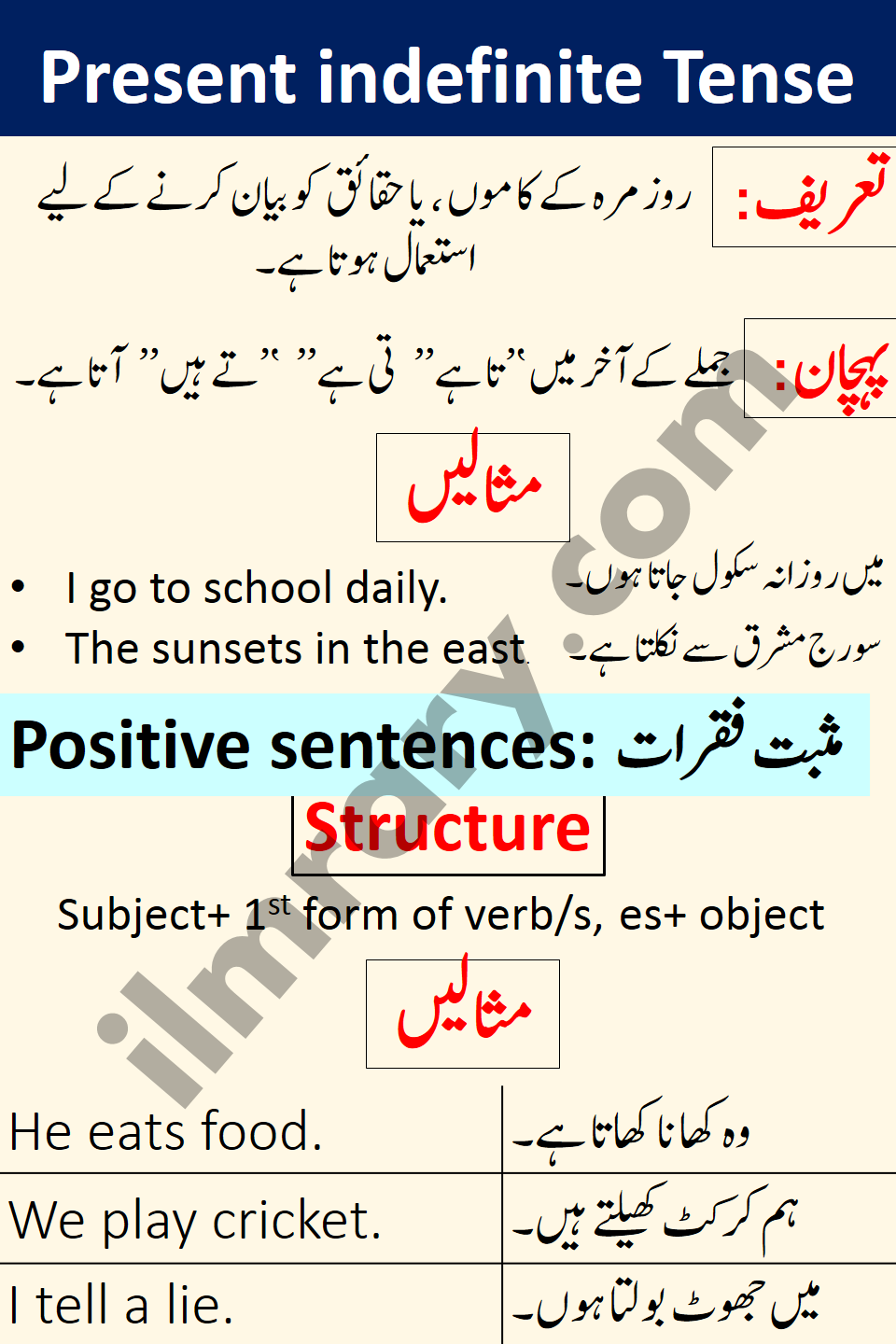 Positive Examples for Present indefinite Tense in Urdu