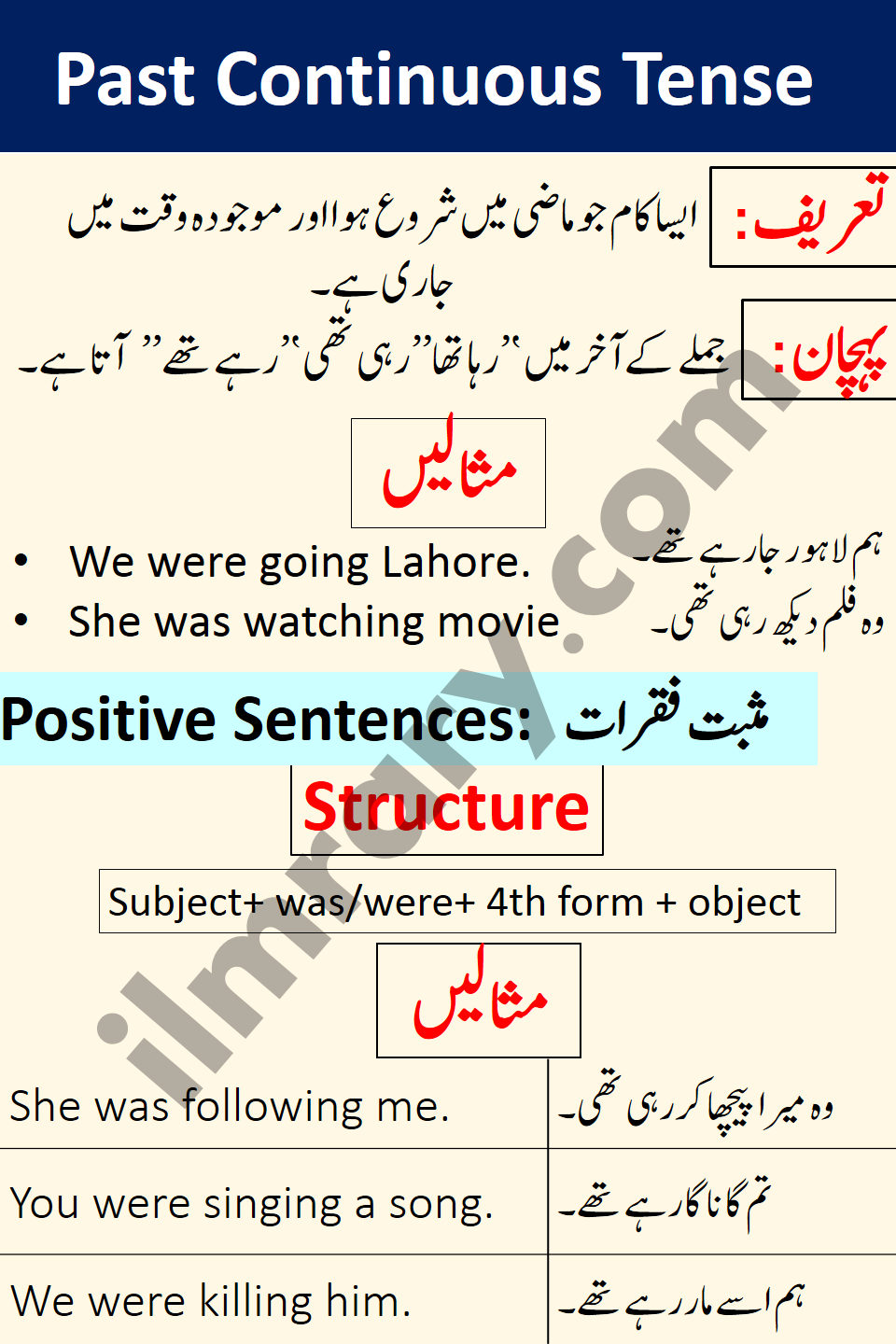 Positive Examples for Past Continuous Tense in Urdu