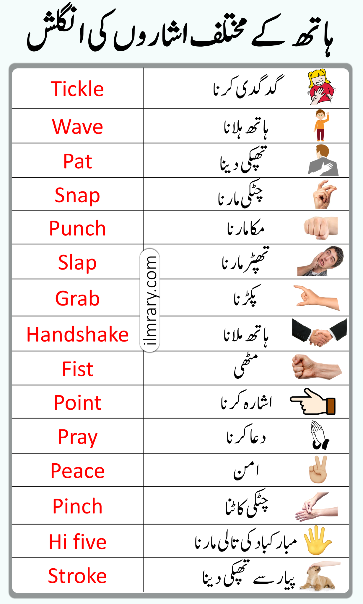 Hand Movements Vocabulary in English with Urdu Meaning iLmrary