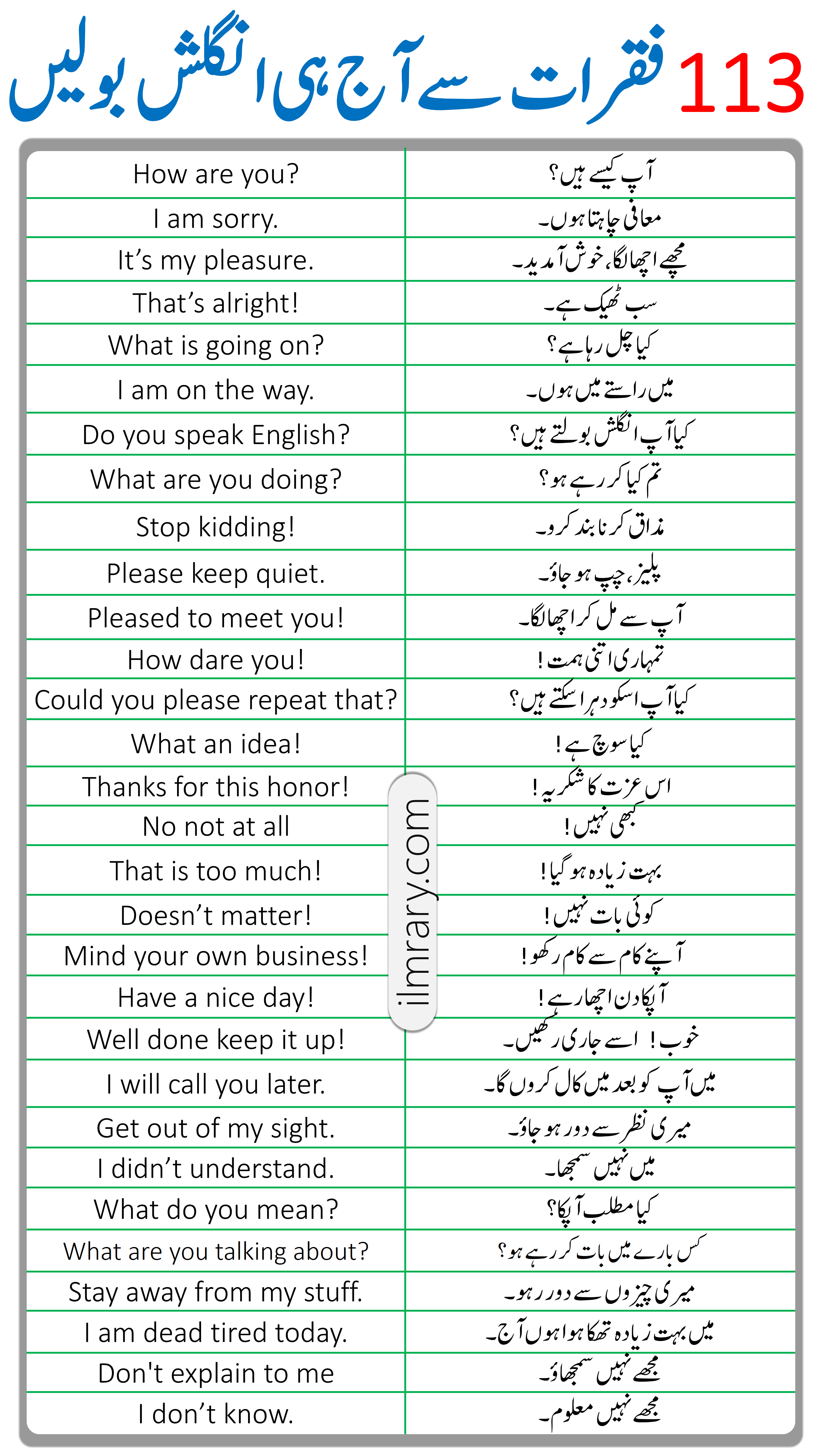 113 English Sentences Used in Daily Life in Urdu PDF 