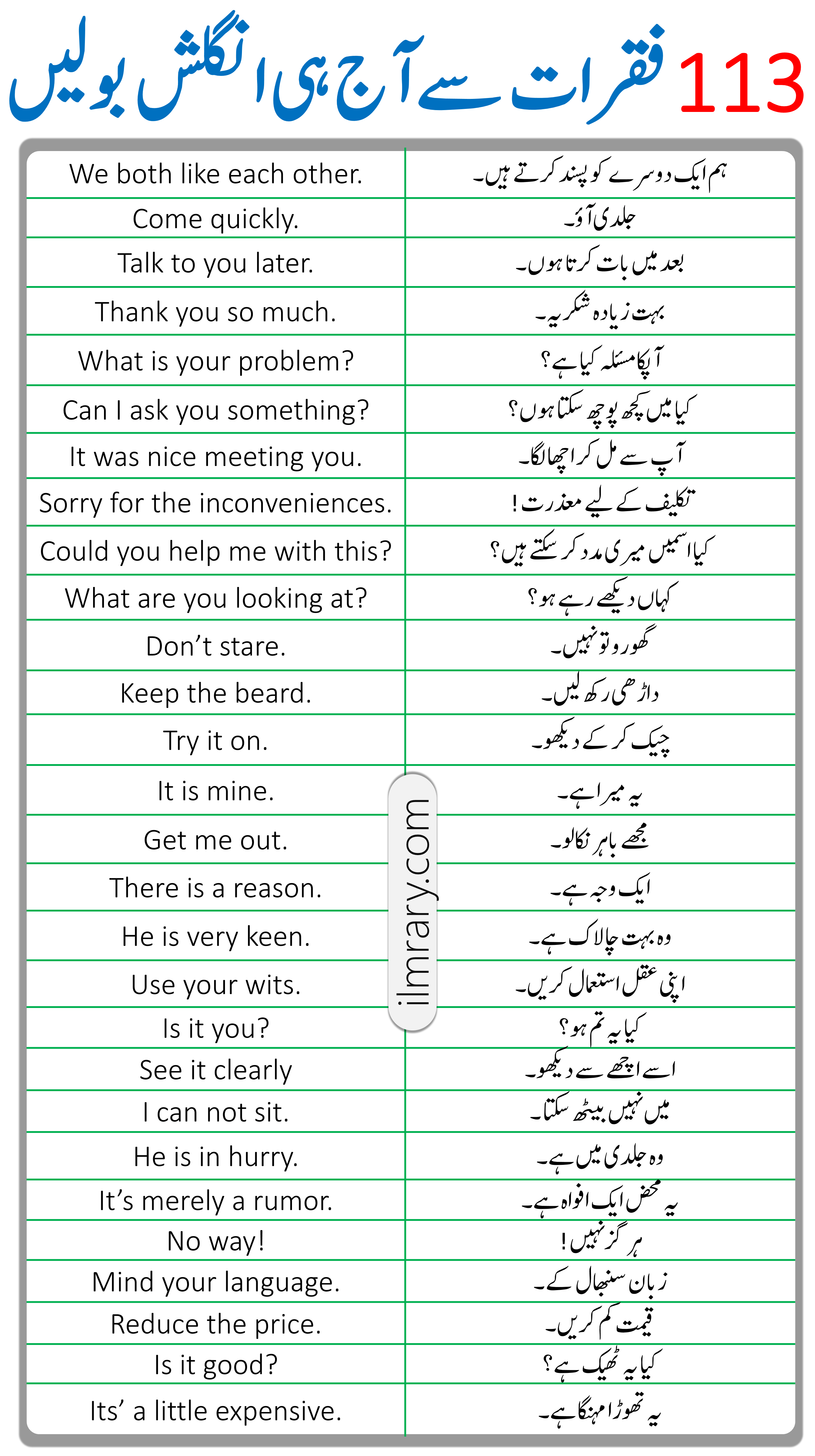 113 English Sentences Used in Daily Life in Urdu PDF