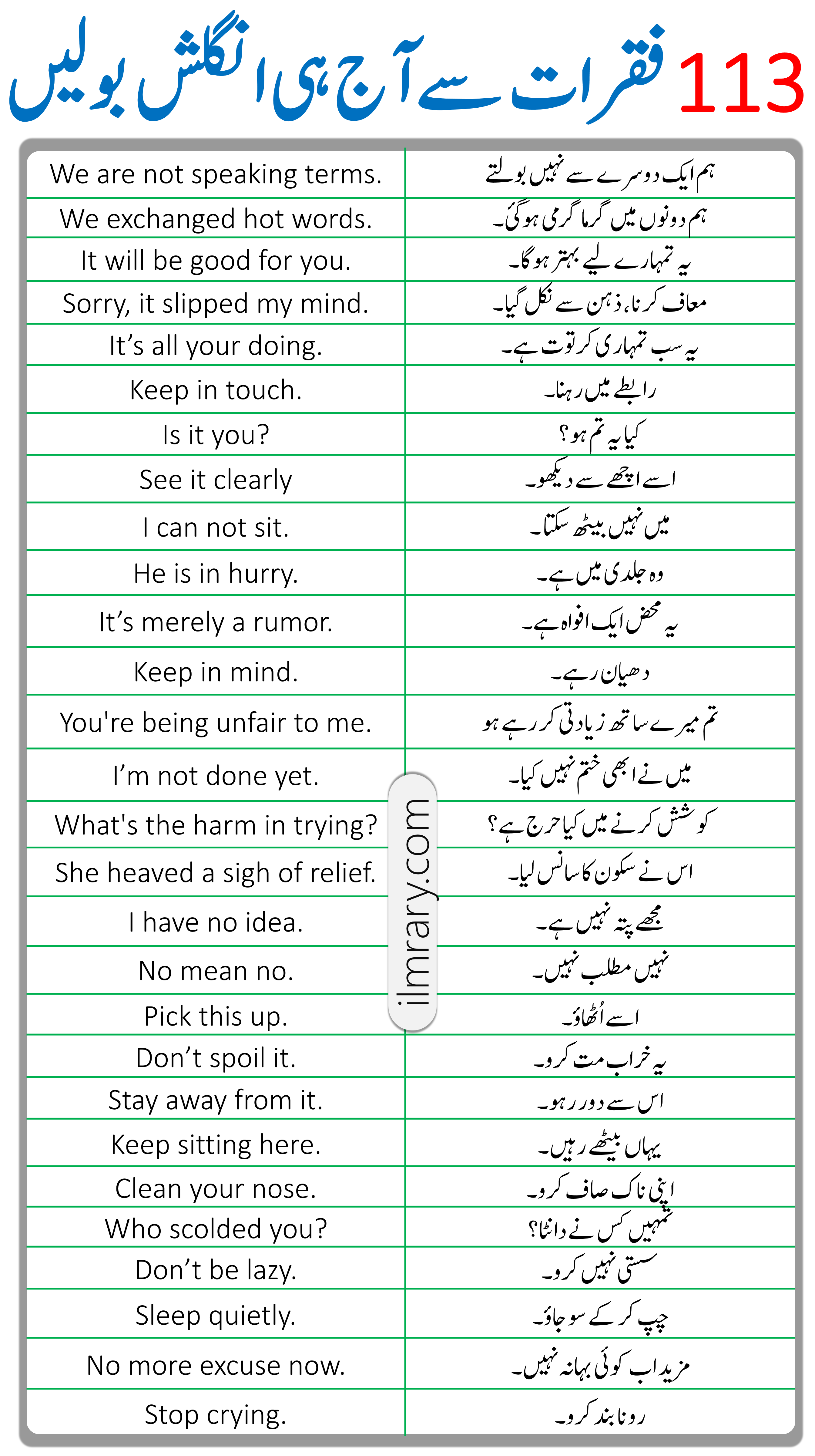 113 English Sentences Used in Daily Life in Urdu PDF