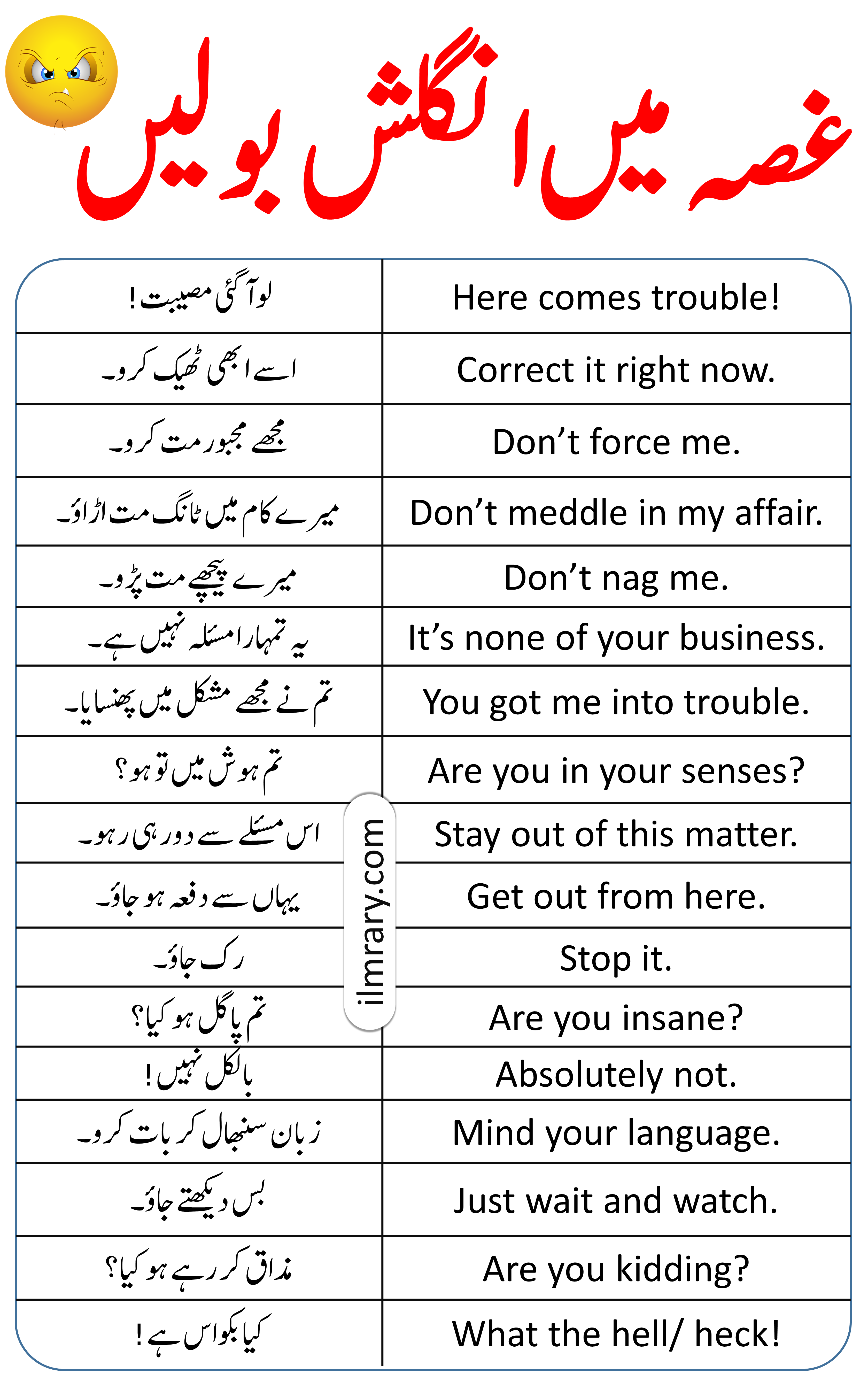 35 Daily Use Anger Sentences in English with Urdu Translation
