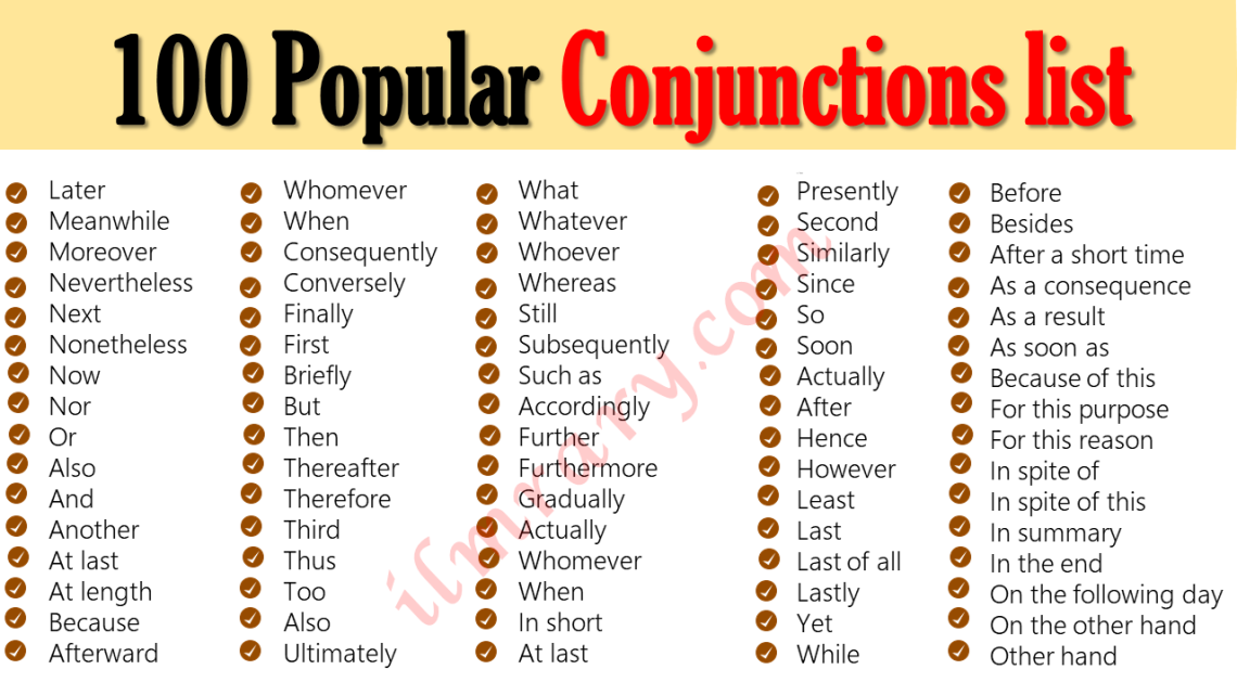 100 Most Popular Conjunctions Words list in English