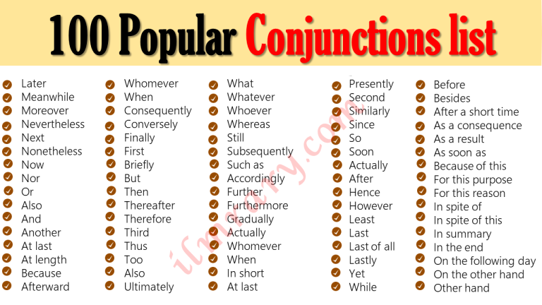 100 Most Popular Conjunctions Words list in English - iLmrary