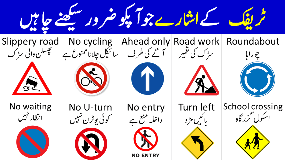 Traffic and Road Signs in English with Urdu Meanings