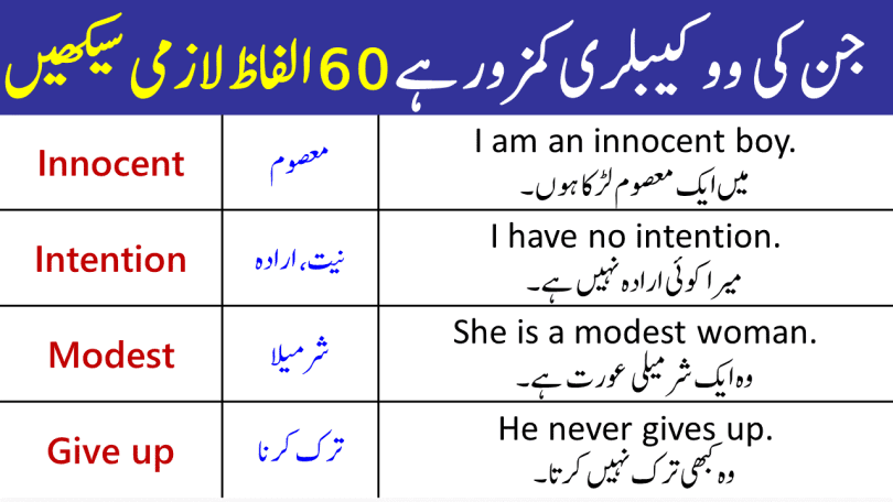 60 Daily Use Words with Sentences in English in Urdu