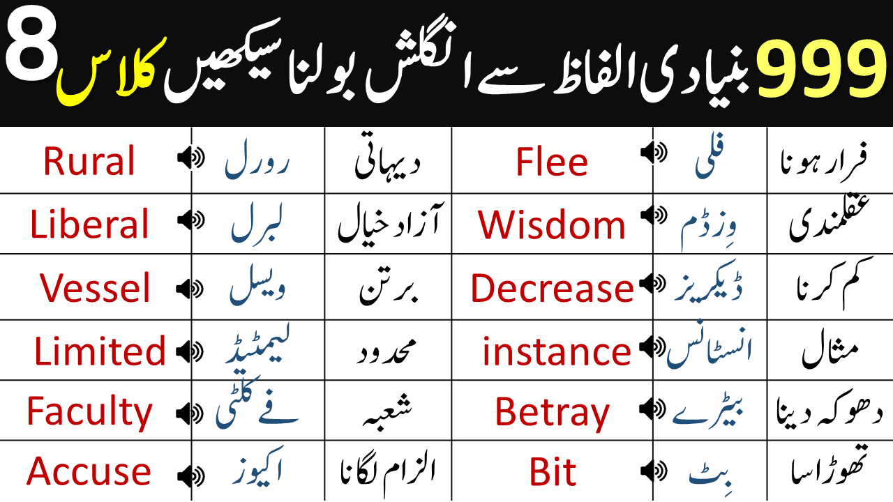 999 Basic Vocabulary Words Course in Urdu | Class 8