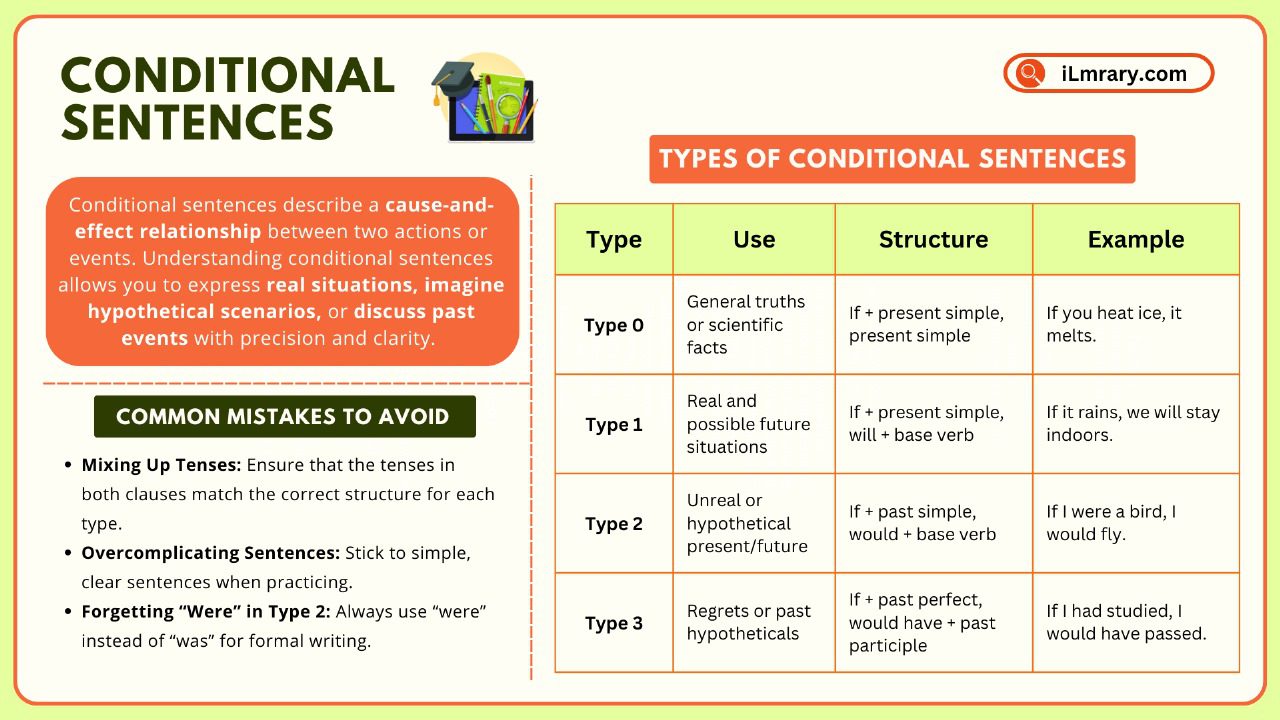 Learn about all types of conditional sentences used in English Grammar.