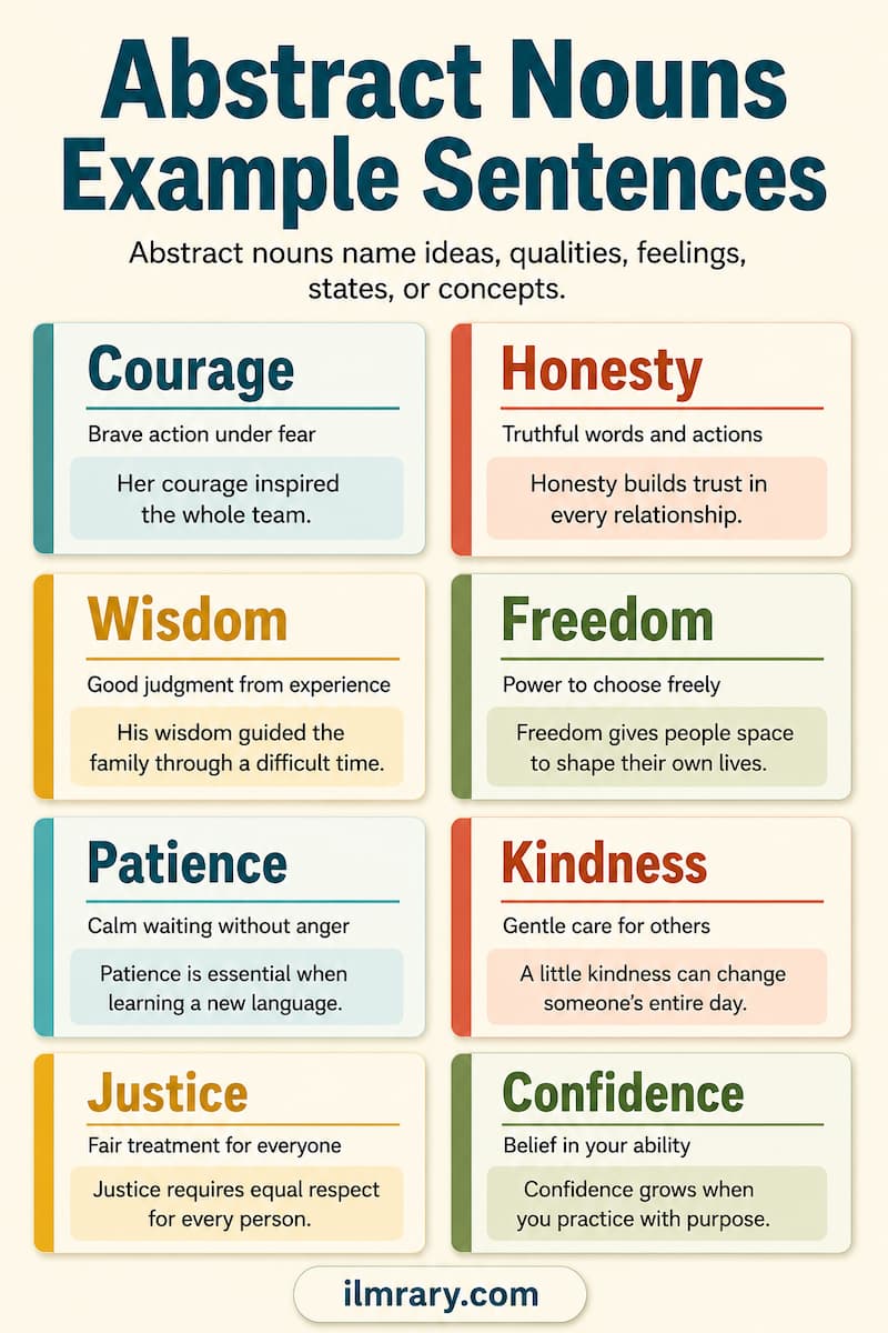 Abstract Nouns Example Sentences with courage, honesty, freedom, and patience in context