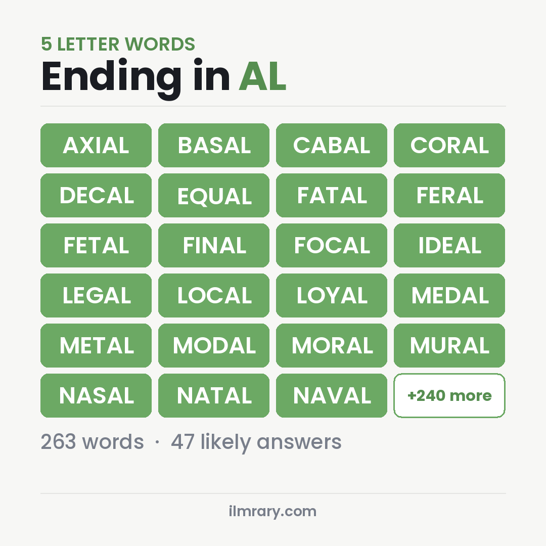 5 Letter Words Ending in AL with answers like AXIAL, BASAL, CABAL