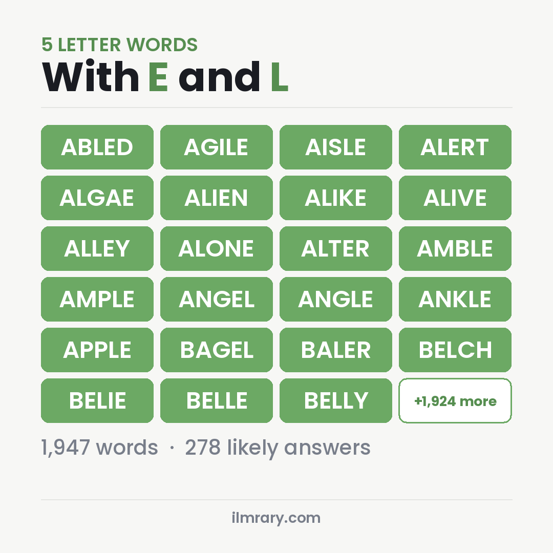 5 Letter Words With E and L with answers like ABLED, AGILE, AISLE