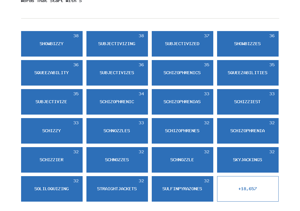 SHOWBIZZY and other strong words that start with S, each shown with its point value.