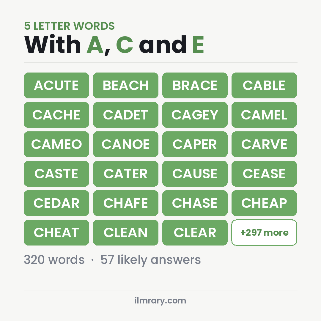 5 Letter Words With A, C and E with answers like ACUTE, BEACH, BRACE