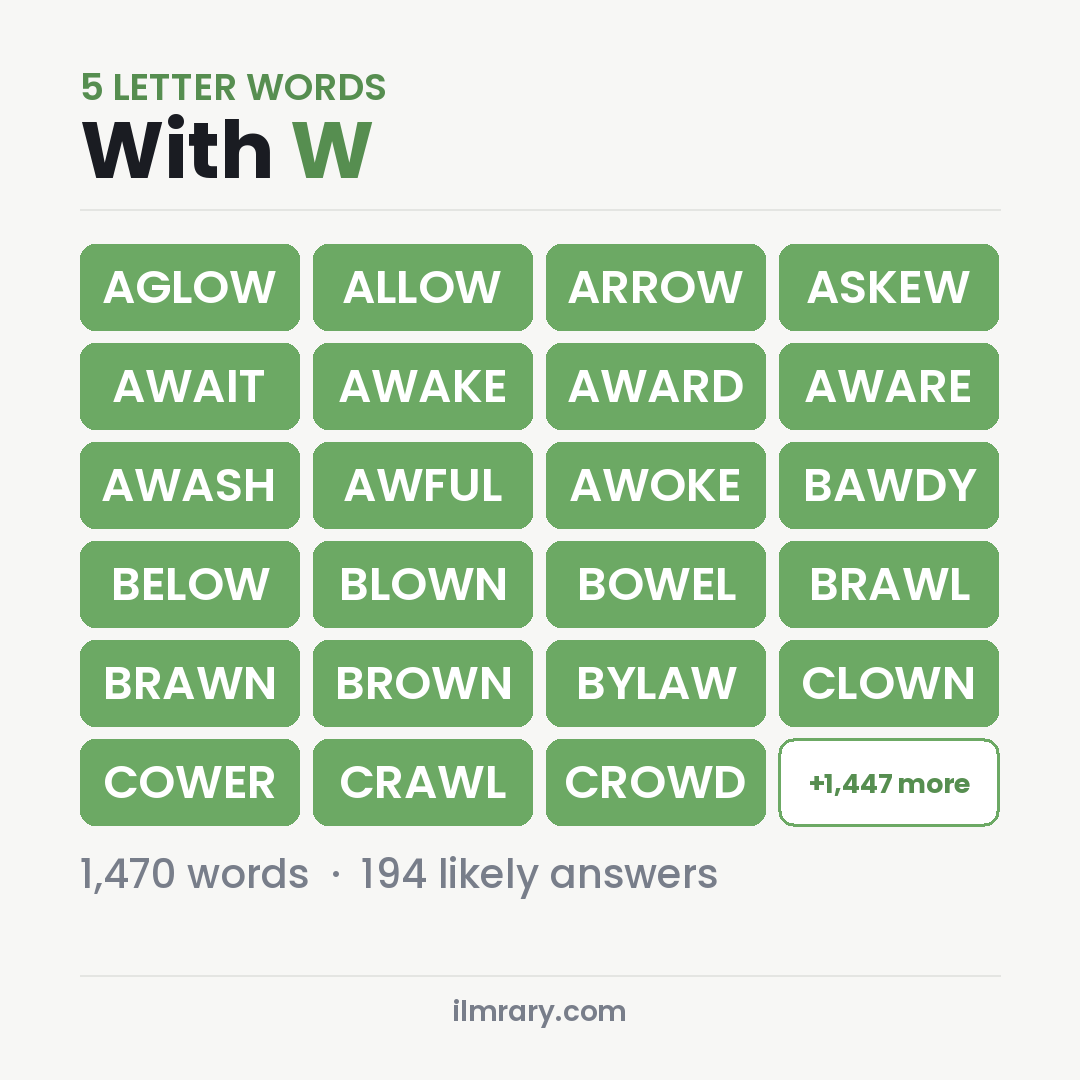 5 Letter Words With the Letter W with Wordle answers like AGLOW, ALLOW, ARROW