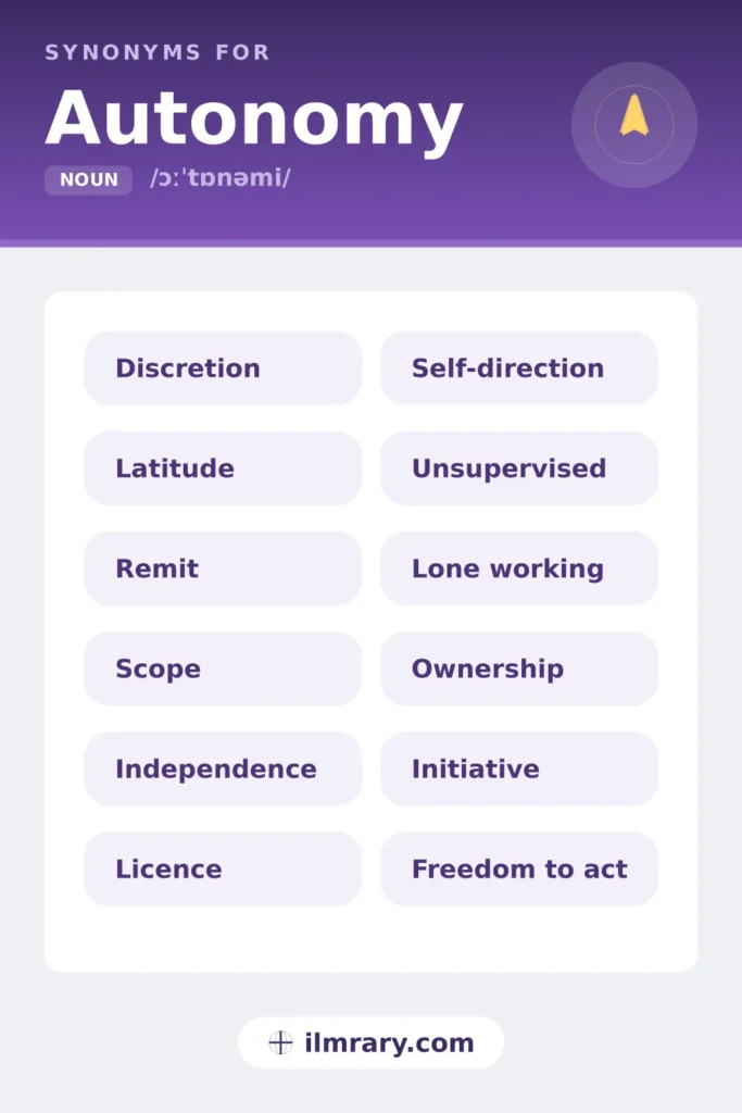 Another word for autonomy, including discretion, latitude, remit, scope, each matched to the setting where it fits.