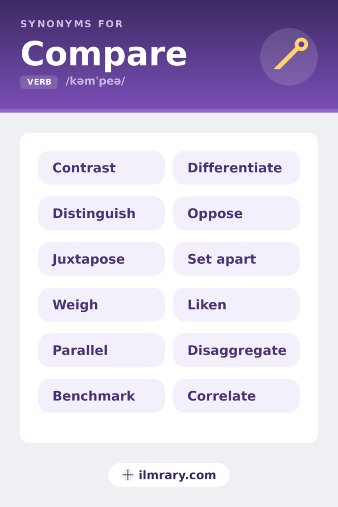Other ways to say compare, including contrast, distinguish, juxtapose, weigh, each matched to the setting where it fits.