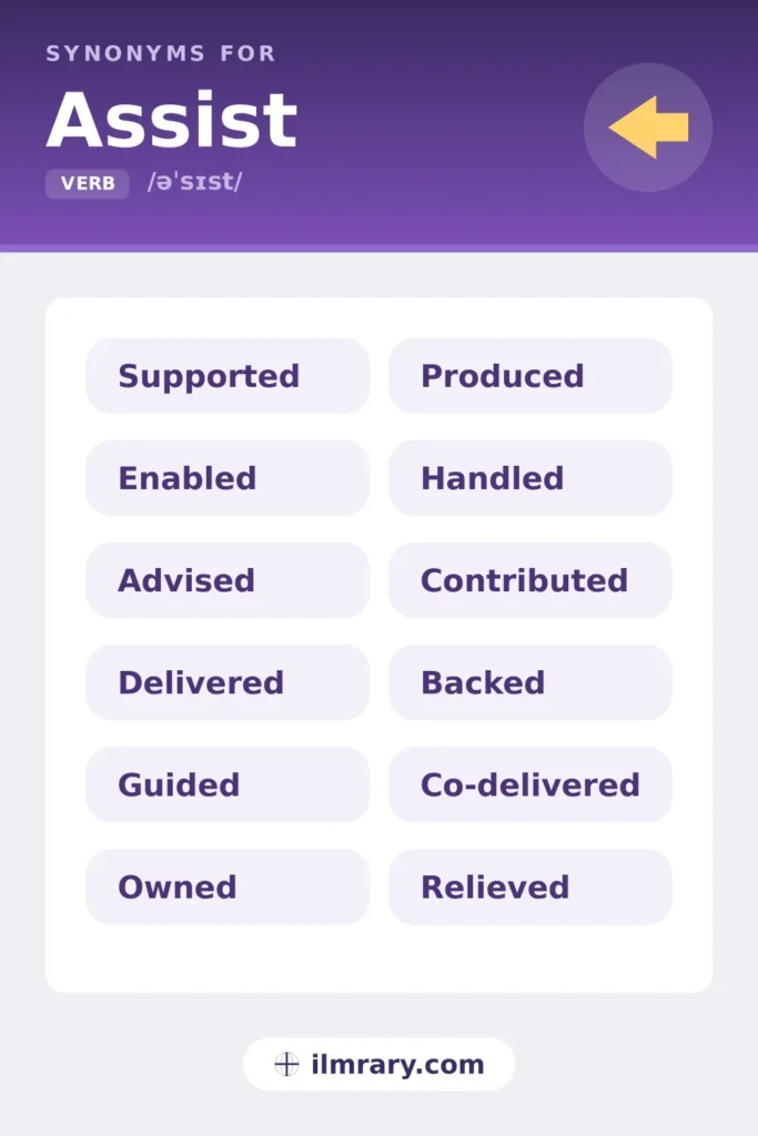 Resume synonyms for assist, including supported, enabled, advised, delivered, each matched to the setting where it fits.