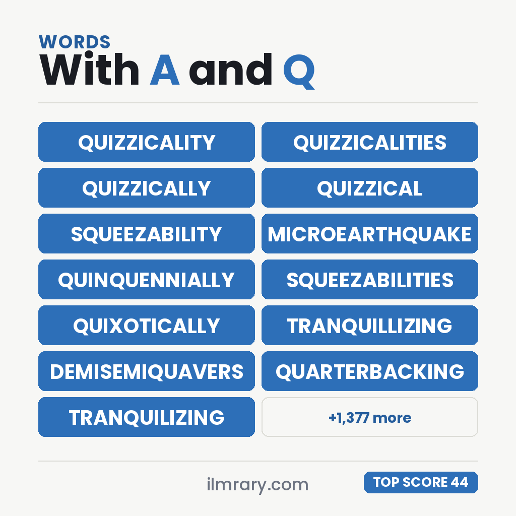 The strongest words with A and Q in them for a tile game, QUIZZICALITY highest at 44 points in Scrabble and 46 in Words With Friends.