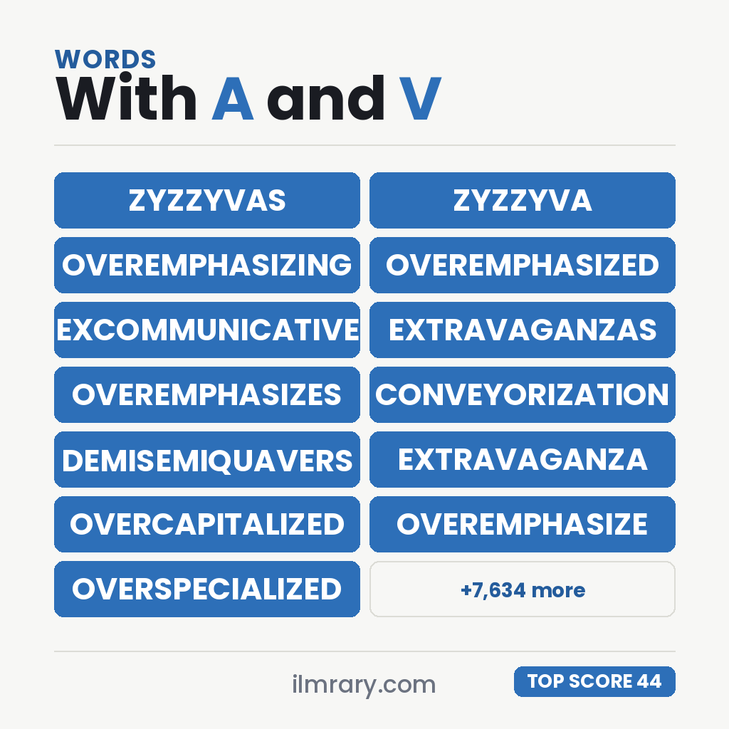 The strongest words with A and V in them for a tile game, ZYZZYVAS highest at 44 points in Scrabble and 43 in Words With Friends.