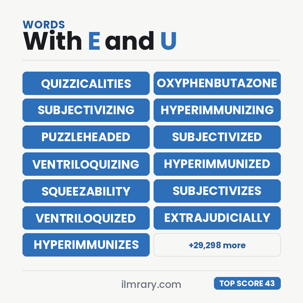QUIZZICALITIES at 43 points in Scrabble and 46 in Words With Friends, with the next strongest words with E and U in them beside it.