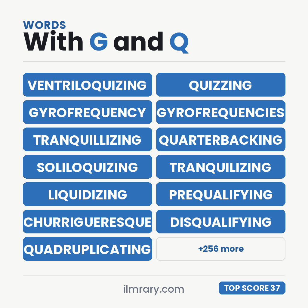 VENTRILOQUIZING at 37 points in Scrabble and 43 in Words With Friends, with the next strongest words with G and Q in them beside it.