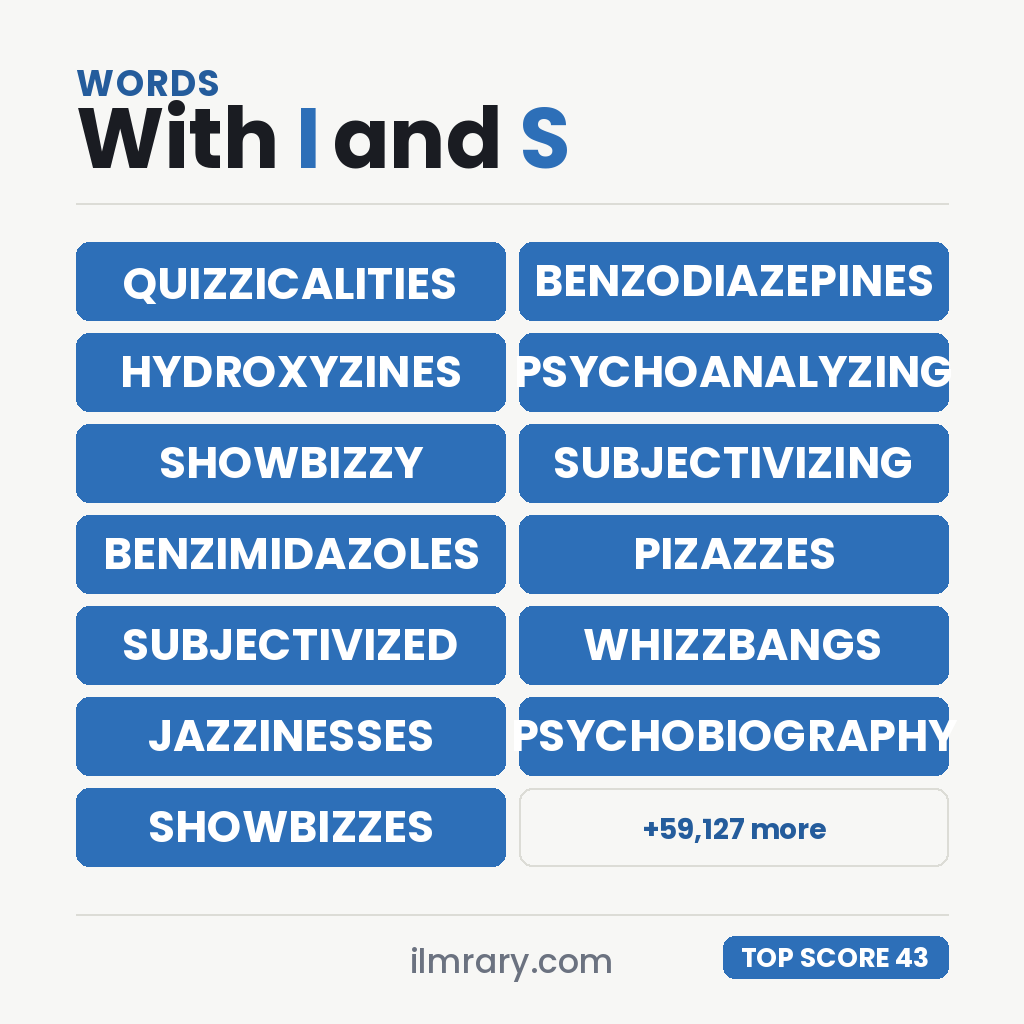 The highest scoring words with I and S in them, led by QUIZZICALITIES at 43 points in Scrabble and 46 in Words With Friends.