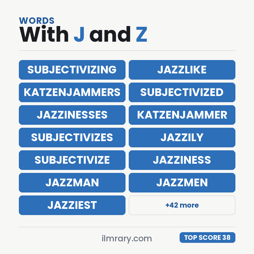 The highest scoring words with J and Z in them, led by SUBJECTIVIZING at 38 points in Scrabble and 46 in Words With Friends.