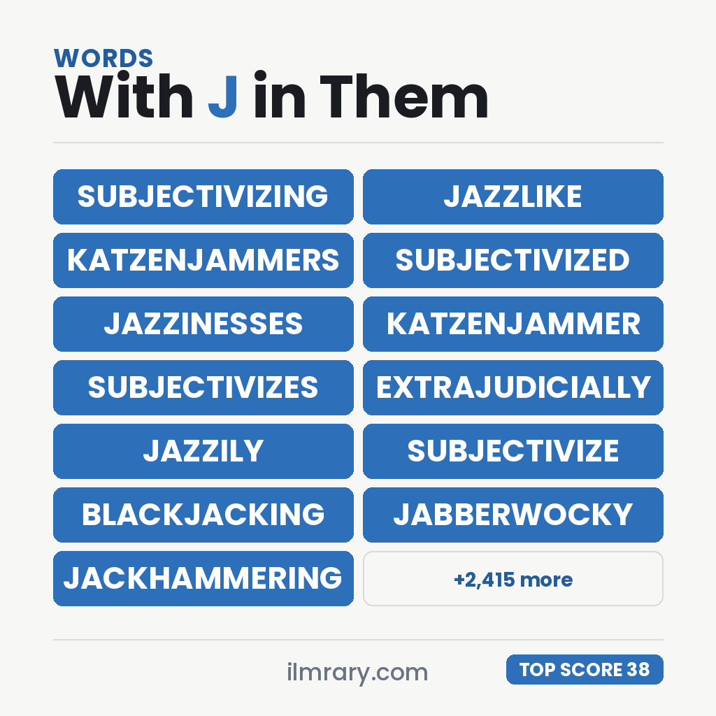 The strongest words with J in them for a tile game, SUBJECTIVIZING highest at 38 points in Scrabble and 46 in Words With Friends.