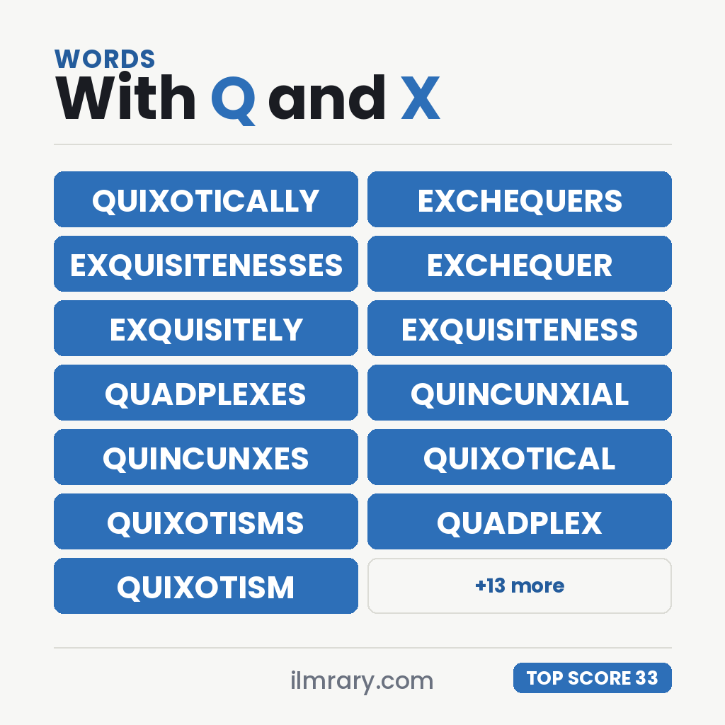 Card of the highest scoring words with Q and X, QUIXOTICALLY leading at 33 points.