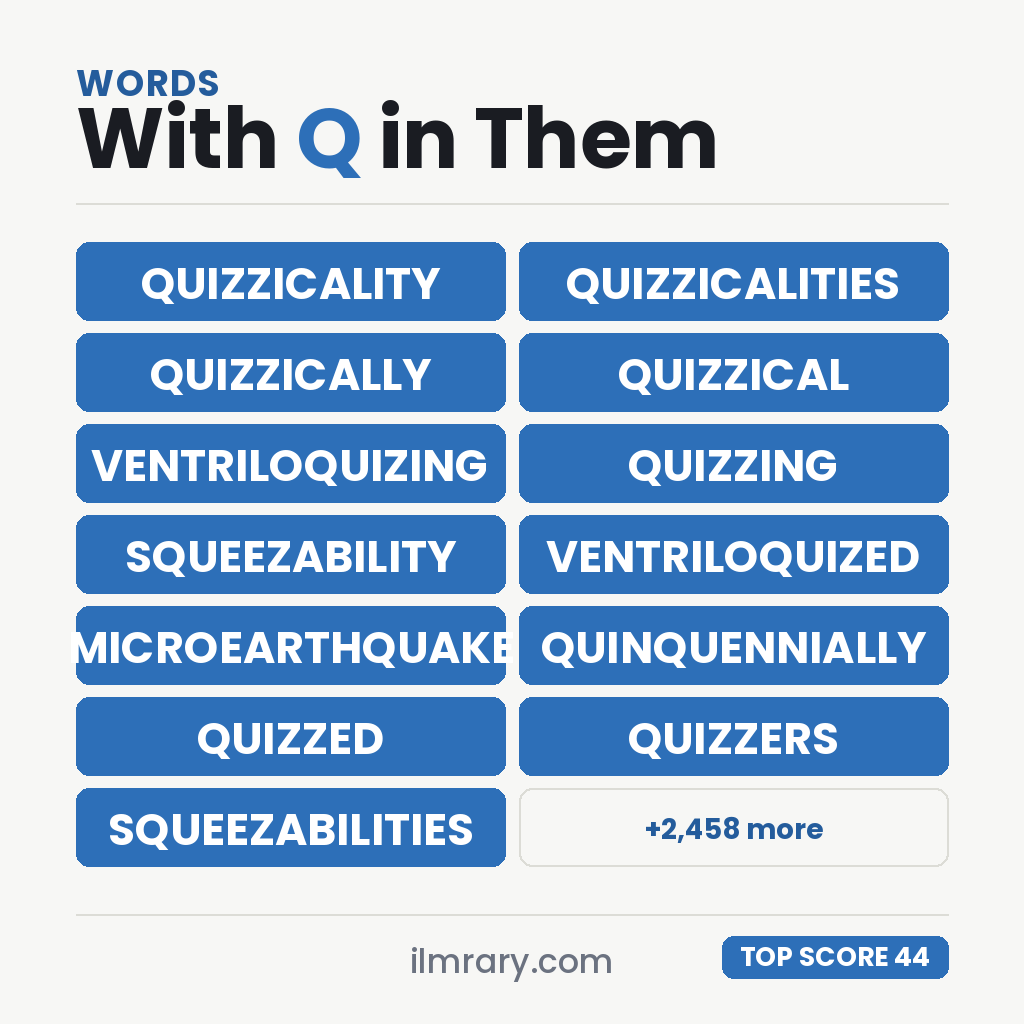 The strongest words with Q in them for a tile game, QUIZZICALITY highest at 44 points in Scrabble and 46 in Words With Friends.