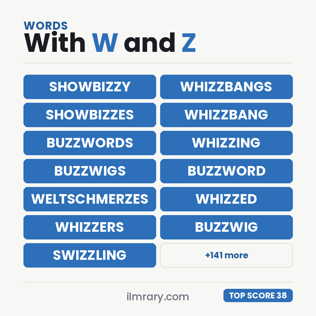 The highest scoring words with W and Z in them, led by SHOWBIZZY at 38 points in Scrabble and 37 in Words With Friends.