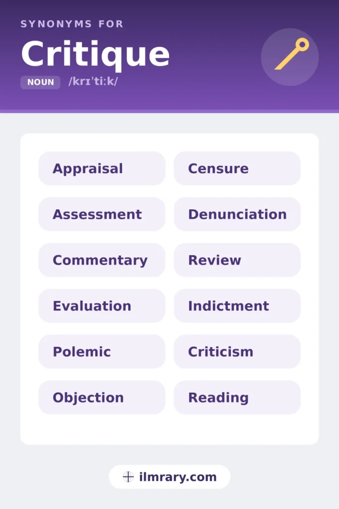 Another word for critique, including appraisal, assessment, commentary, evaluation, each matched to the setting where it fits.