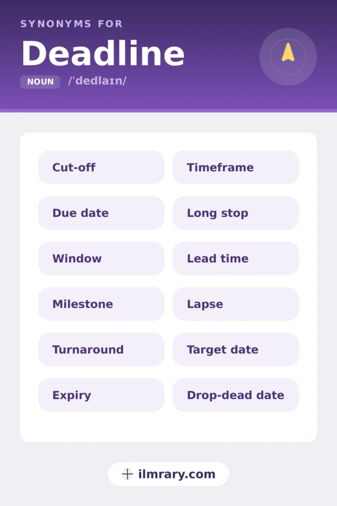 Another word for deadline, including cut-off, due date, window, milestone, each matched to the setting where it fits.