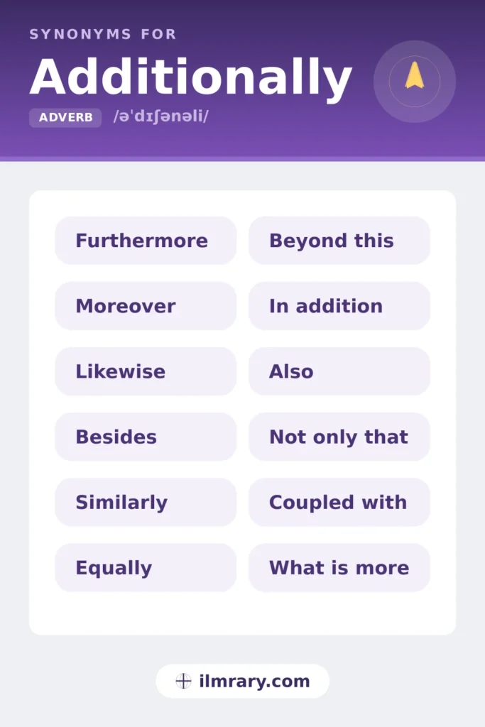 Other ways to say additionally, including furthermore, moreover, likewise, besides, each matched to the setting where it fits.