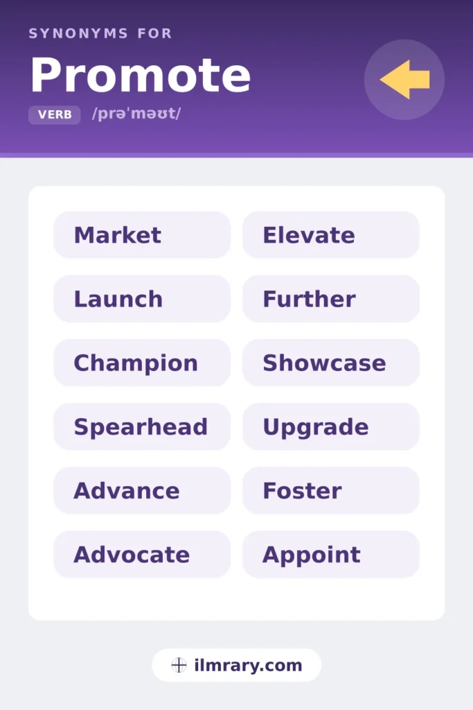 Promote synonyms, including market, launch, champion, spearhead, each matched to the setting where it fits.