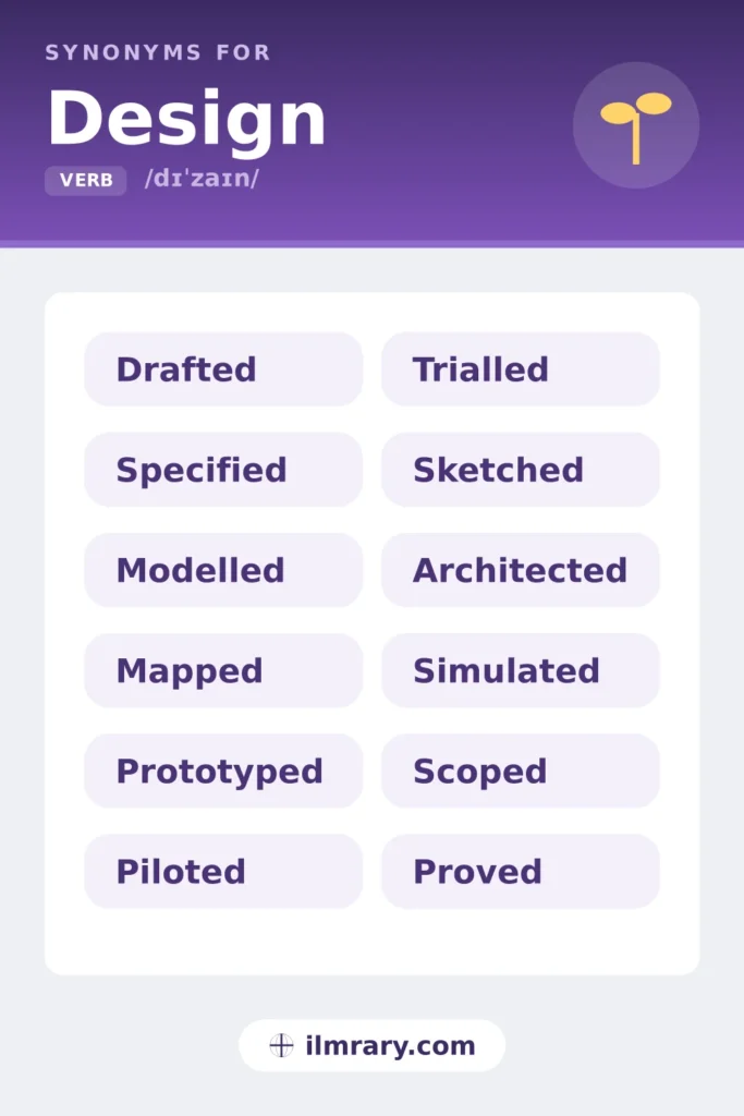 Resume synonyms for design, including drafted, specified, modelled, mapped, each matched to the setting where it fits.