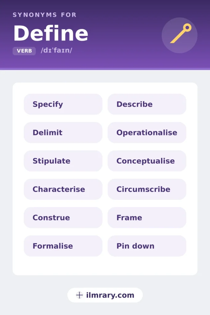 Synonyms for define, including specify, delimit, stipulate, characterise, each matched to the setting where it fits.