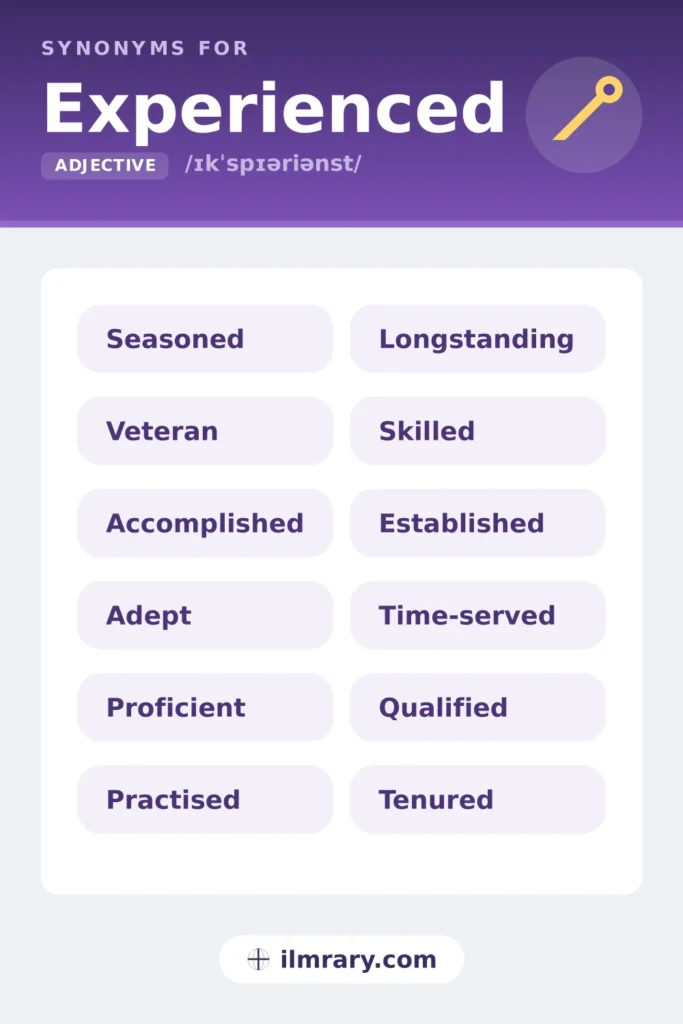 Synonyms for experienced, including seasoned, veteran, accomplished, adept, each matched to the setting where it fits.