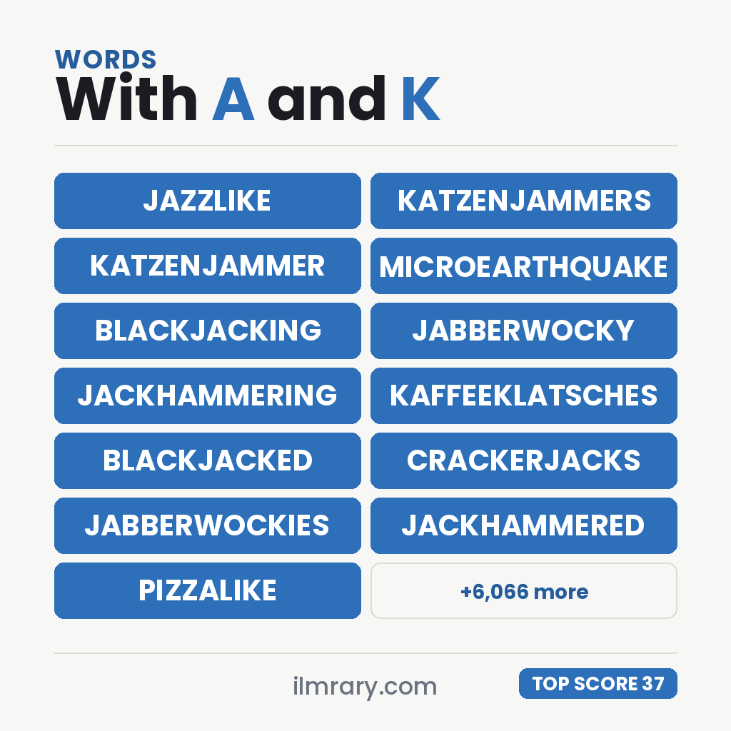 JAZZLIKE at 37 points in Scrabble and 40 in Words With Friends, with the next strongest words with A and K in them beside it.
