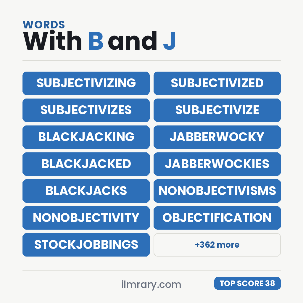The strongest words with B and J in them for a tile game, SUBJECTIVIZING highest at 38 points in Scrabble and 46 in Words With Friends.