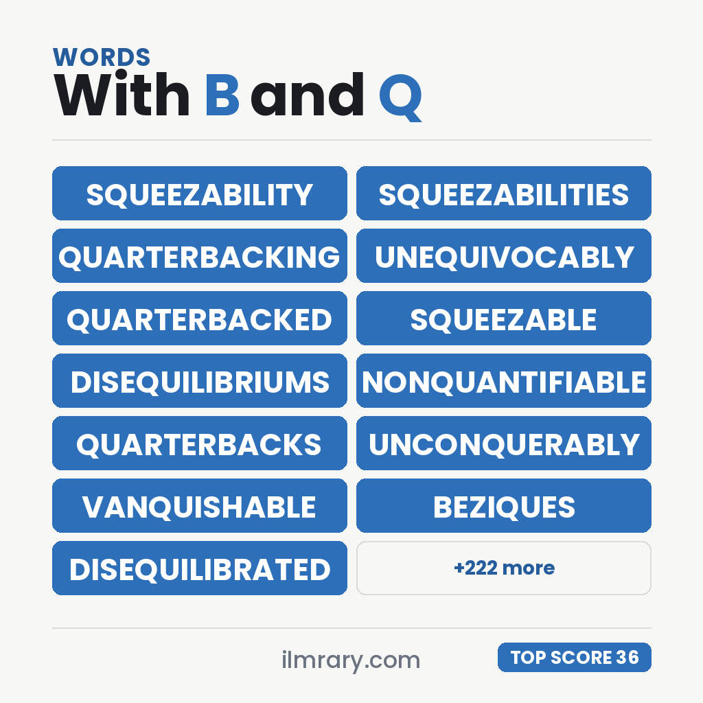 The strongest words with B and Q in them for a tile game, SQUEEZABILITY highest at 36 points in Scrabble and 38 in Words With Friends.