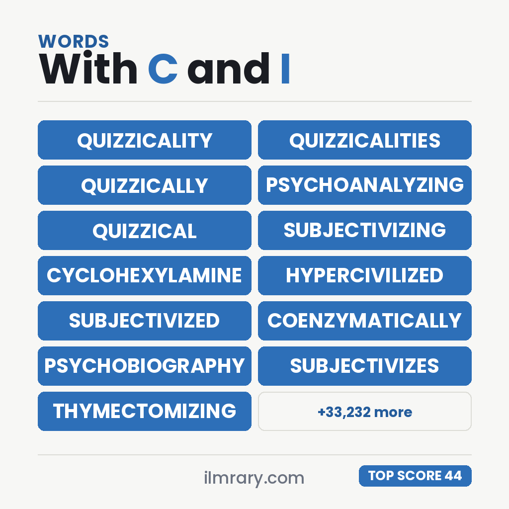 QUIZZICALITY at 44 points in Scrabble and 46 in Words With Friends, with the next strongest words with C and I in them beside it.